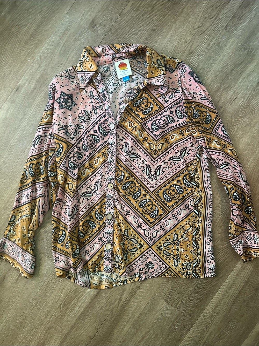 Woman's Farm Rio Button-Up Shirt - Pink & Mustard Paisley Print